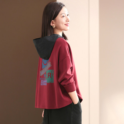春秋韩版大码遮肉连帽印花卫衣