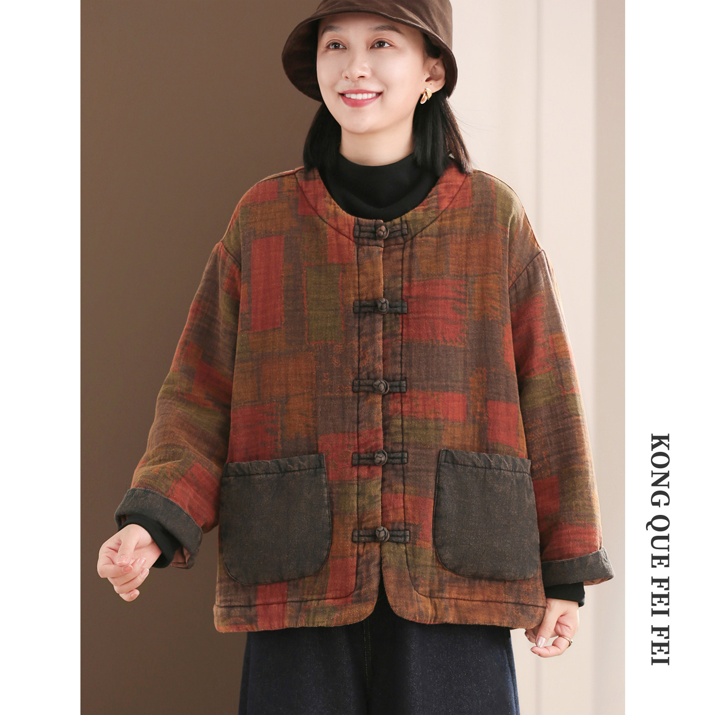 孔雀飞飞2025冬装新款韩版大码遮肉洋气印花复古盘扣保暖休闲棉衣,女装/女士精品,棉衣/棉服,淘宝优惠券,粉丝福利购,淘宝优惠卷