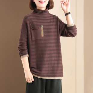 遮肉高领复古套头洋气女条纹毛衣女秋冬 大码 孔雀飞飞2024新款 韩版