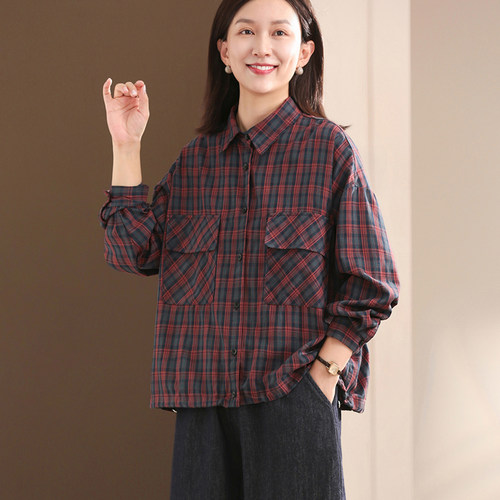 孔雀飞飞 专柜品质 2025秋装新款韩版大码遮肉复古格子衬衫女款