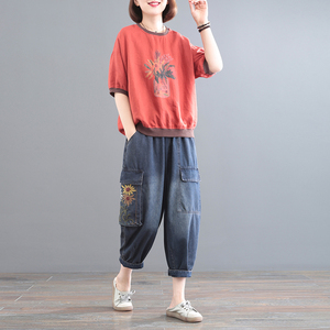 孔雀飞飞2023新款韩版大码遮肉减龄两件套印花洋气休闲套装女夏装