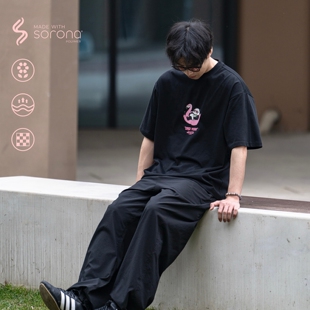 BTB 255G日系索罗娜sorona凉感熊猫印花宽松圆领短袖T恤打底衫