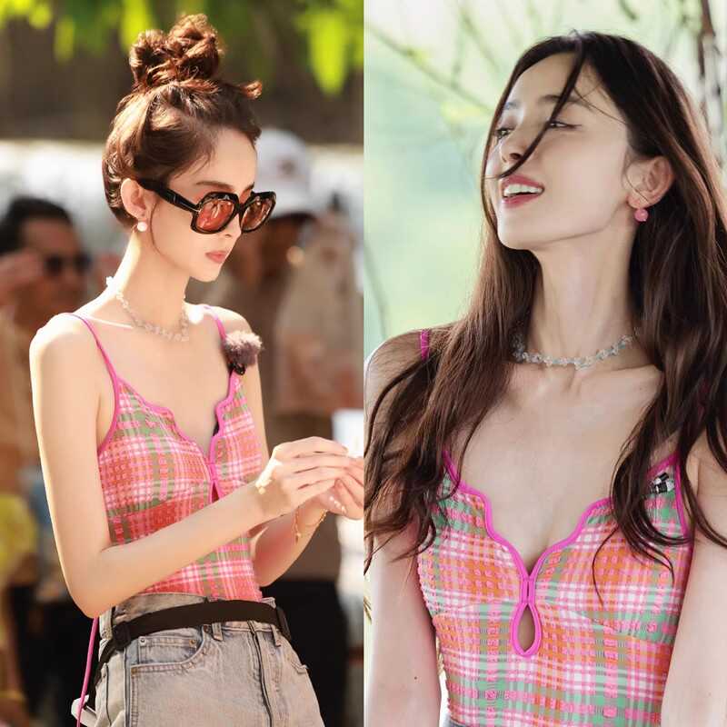 古力娜扎明星同款格子连体泳衣女士2024夏季新款沙滩粉色少女泳装