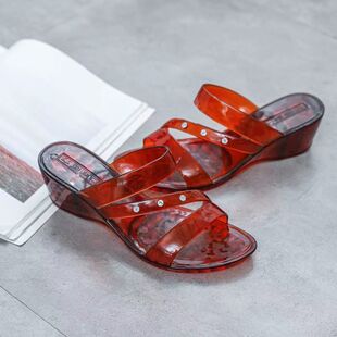 上海回力水晶凉拖鞋女透明潮流时尚百搭休闲坡跟厚底中跟耐穿防滑