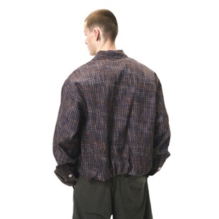 25新品 NOMORE男装 高街花纱格子短款 衬衫 潮牌立体剪裁泡泡纱长袖