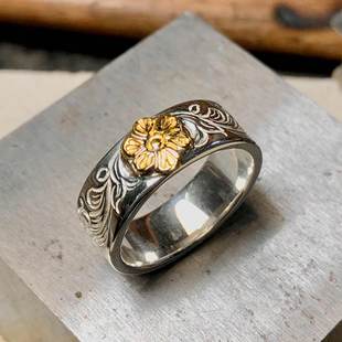 925纯银戒指男潮松井直毅风格蔷薇花复古唐草纹戒指手工指环女