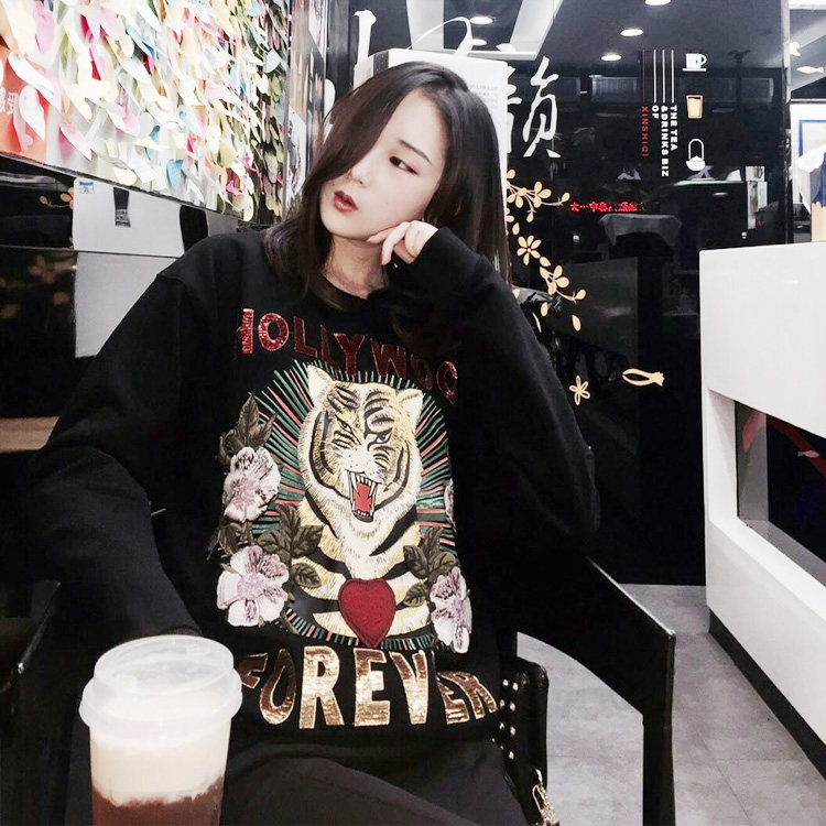g家潮牌秋冬季刺绣亮片老虎头豹子中长款飞碟星球 明星同款卫衣女