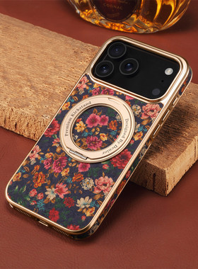 新款适用苹果17promax手机壳磁吸旋转支架iphone16pro保护套木质电镀全包15plus防摔高级感复古艺术134奢华女