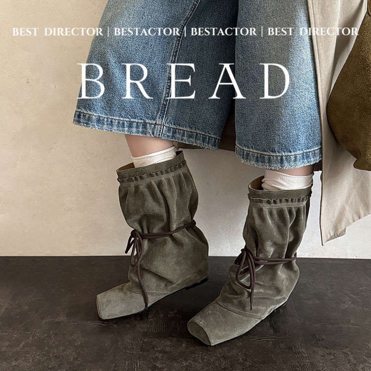 复古方头磨砂短靴女真皮增高褶皱两穿小众麂皮中跟西部牛仔堆堆靴