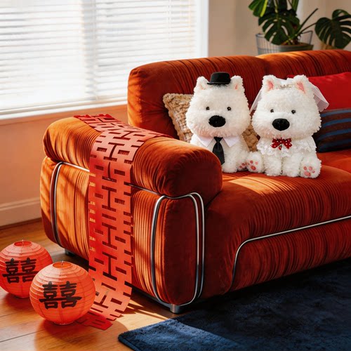 全糖喜品压床娃娃一对结婚新款高档西高地小狗创意可爱陪嫁大号