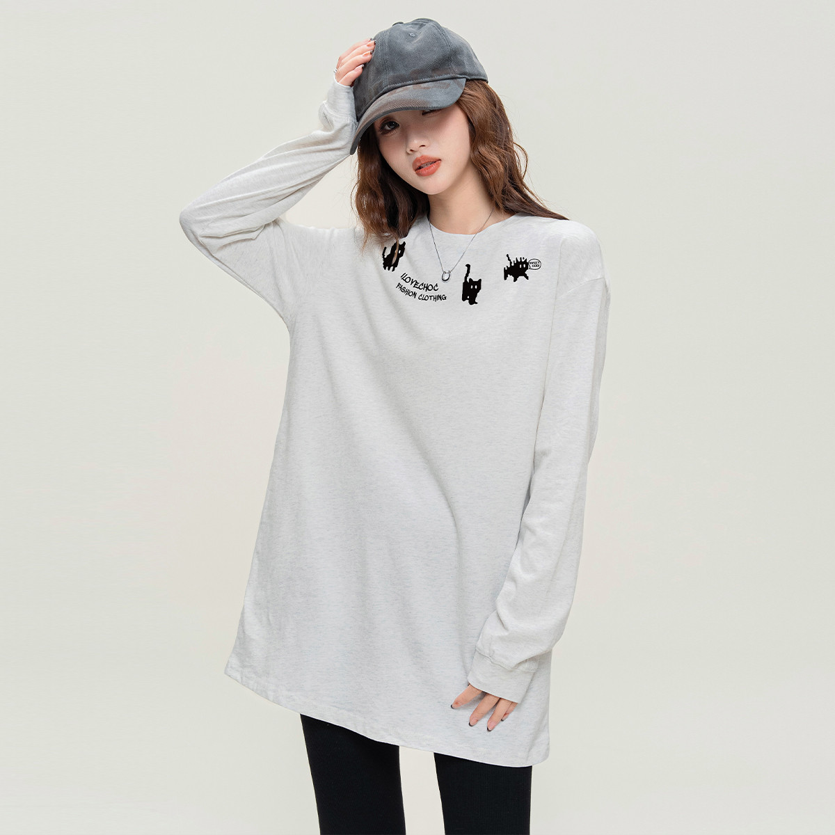 美式复古卡通印花长袖T恤女