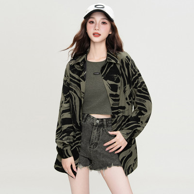 美式复古印花长袖衬衫女