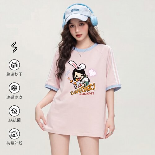 美式撞色条纹卡通五分袖T恤女