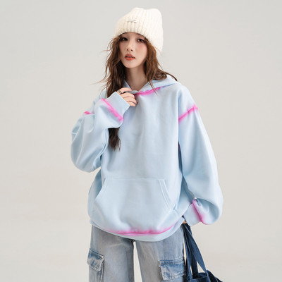 ILOVECHOC渐变印花连帽卫衣女2025冬季宽松上衣加厚款宽松