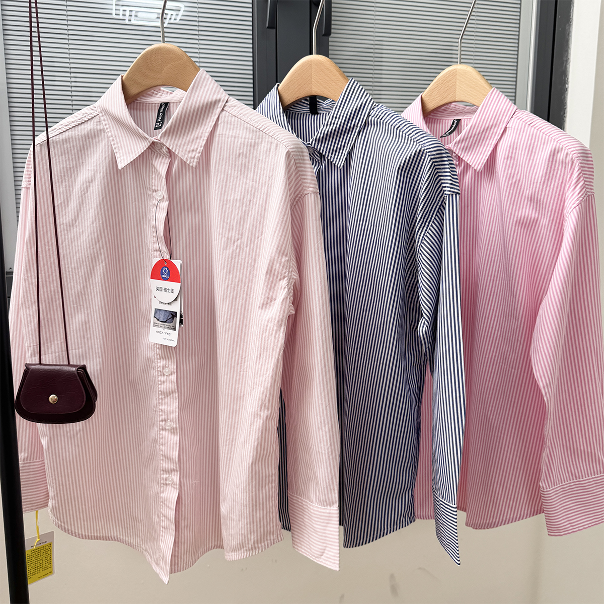 中性慵懒风女士细条纹长袖衬衫方领精梳棉薄款宽松大码开衫外套潮