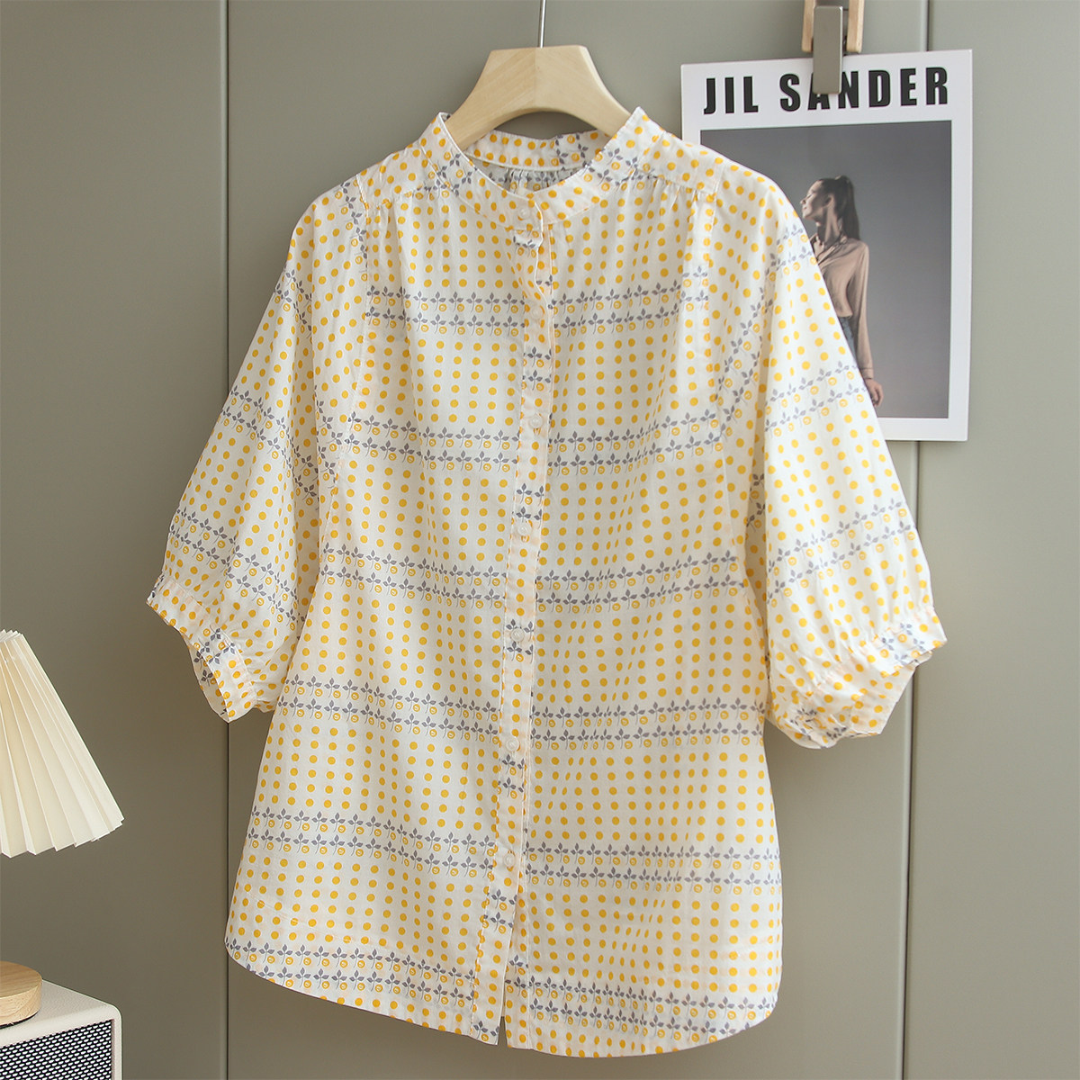 文艺法式设计感蝙蝠袖衬衫七分袖 短立领精梳棉清新波点圆点衬衣