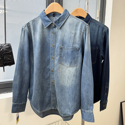 宽松美式单排扣长袖全棉磨白衬衫