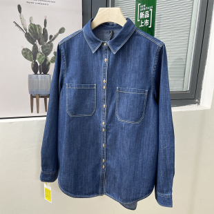 24年早春新款女装时尚气质百搭复古翻领牛仔衬衫休闲风小扣子上衣