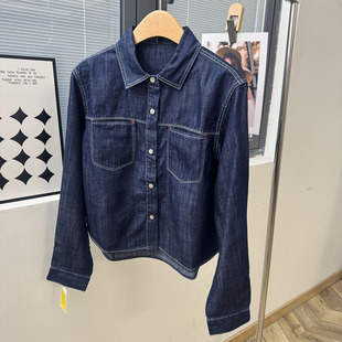 欧美风短款小个子方领衬衫女洋气百搭纯色 长袖厚实按扣牛仔外套