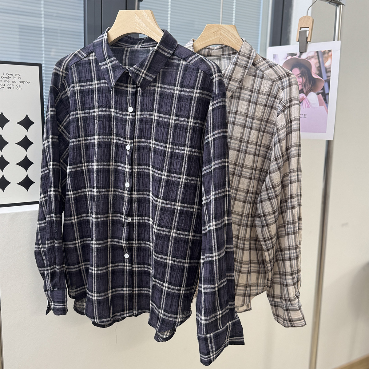 夏新款超薄微透格子衬衣女长袖皱布棉质防晒空调罩衫翻领港风衬衫