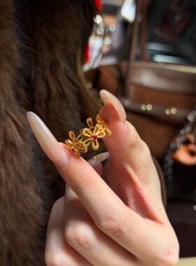 千夕足金999镂空红宝花戒黄金戒指女款送女友七夕情人节生日礼物