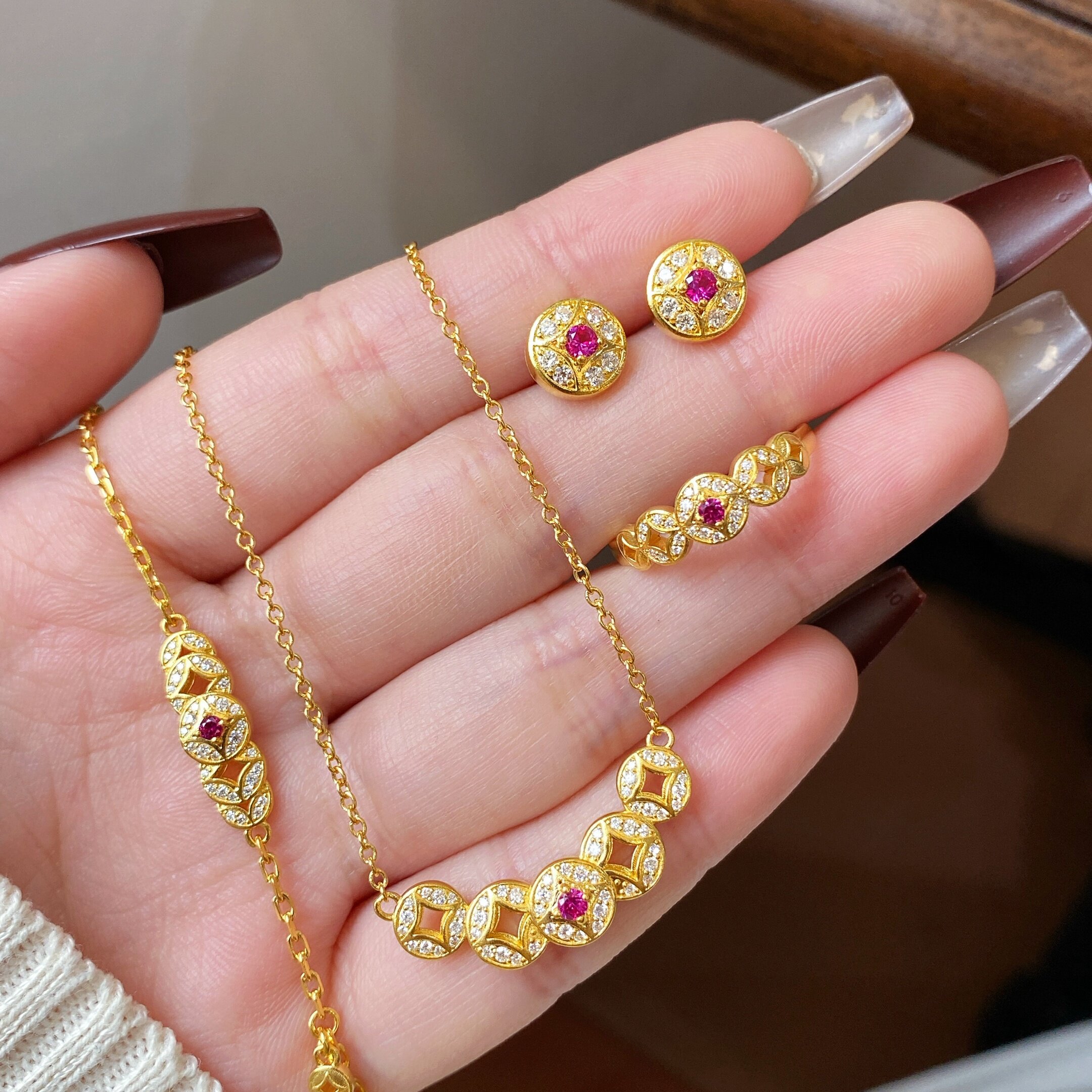 千夕 足金999红宝钱币项链套系黄金手链戒指耳钉情人节生日礼物