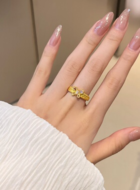 千夕足金999拉丝花蝶戒黄金戒指女款送女友七夕情人节生日礼物