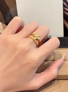 千夕 足金999四叶草双层戒黄金戒指女款求婚情人节生日礼物送女友
