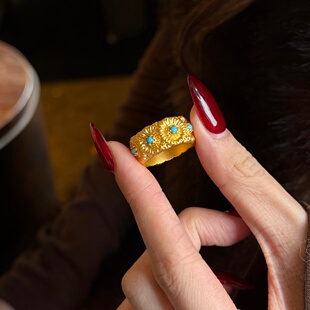 千夕足金999小雏菊戒黄金戒指可爱女款情人节生日礼物送女友