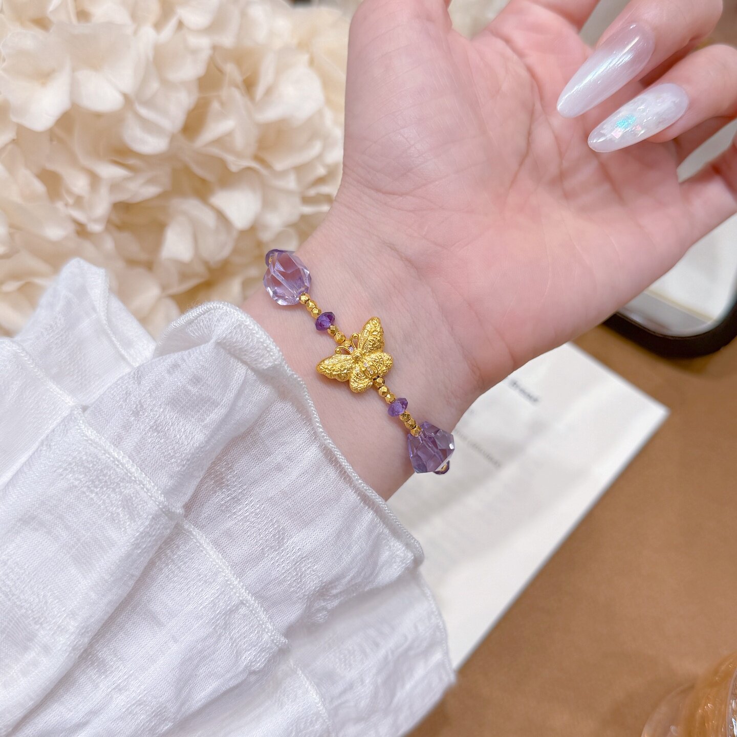 千夕 足金999梦幻水晶蝴蝶手链黄金手链女款情人节生日礼物送老婆