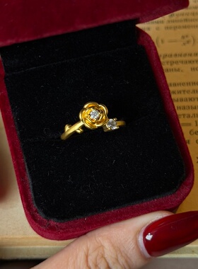 千夕足金999粉告白玫瑰黄金戒指女款七夕情人节生日礼物送女友