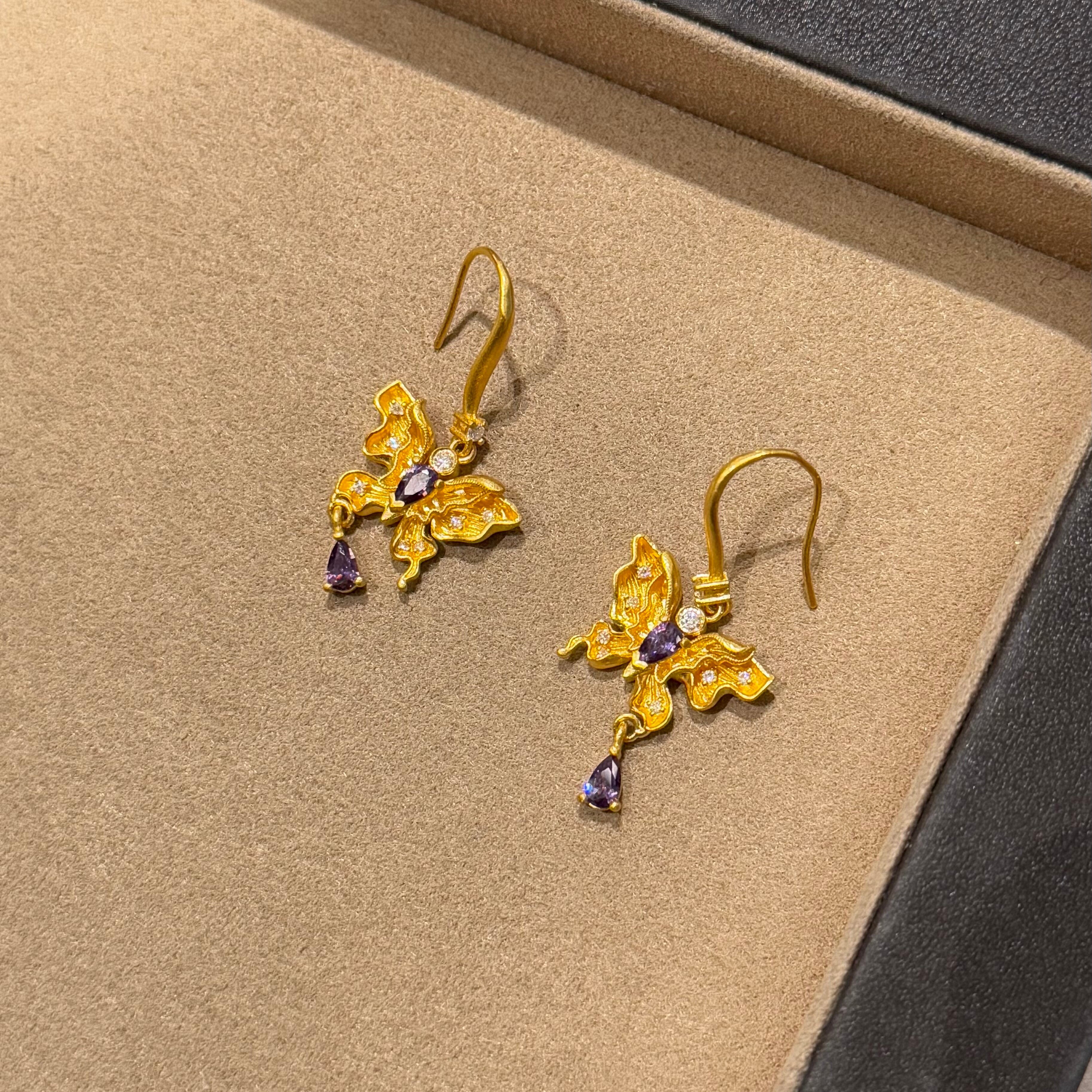 千夕 足金999紫蝶水滴耳钩黄金耳饰女款送女友老婆情人节生日礼物