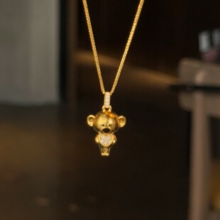 千夕 送女友情人节生日礼物 足金999立体爱心小熊吊坠黄金吊坠女款