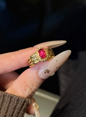 千夕足金999纹理红宝旦形黄金戒指女款送女友七夕情人节生日礼物