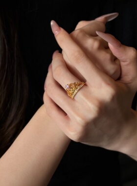 千夕足金999粉色皇冠戒指黄金戒指女款送女友七夕情人节生日礼物