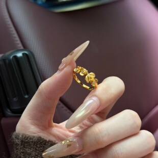 千夕足金999拉丝桂花戒黄金戒指女款求婚情人节生日礼物送女友