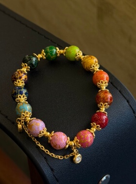 千夕 足金999彩色大漆珠手串黄金手链女款情人节生日礼物送老婆