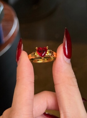 千夕足金9995D红色爱心戒黄金戒指女款送女友七夕情人节生日礼物