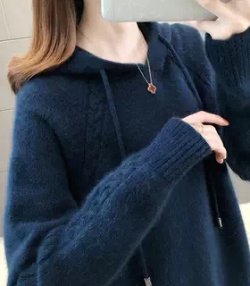 2150【斜麻花帽衫】秋季女士毛衣宽松外穿连帽针织衫上衣加厚