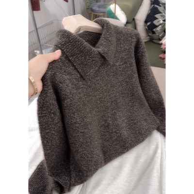 3651【花纱咖啡翻领毛衣】秋冬新款女士韩版宽松外穿上衣