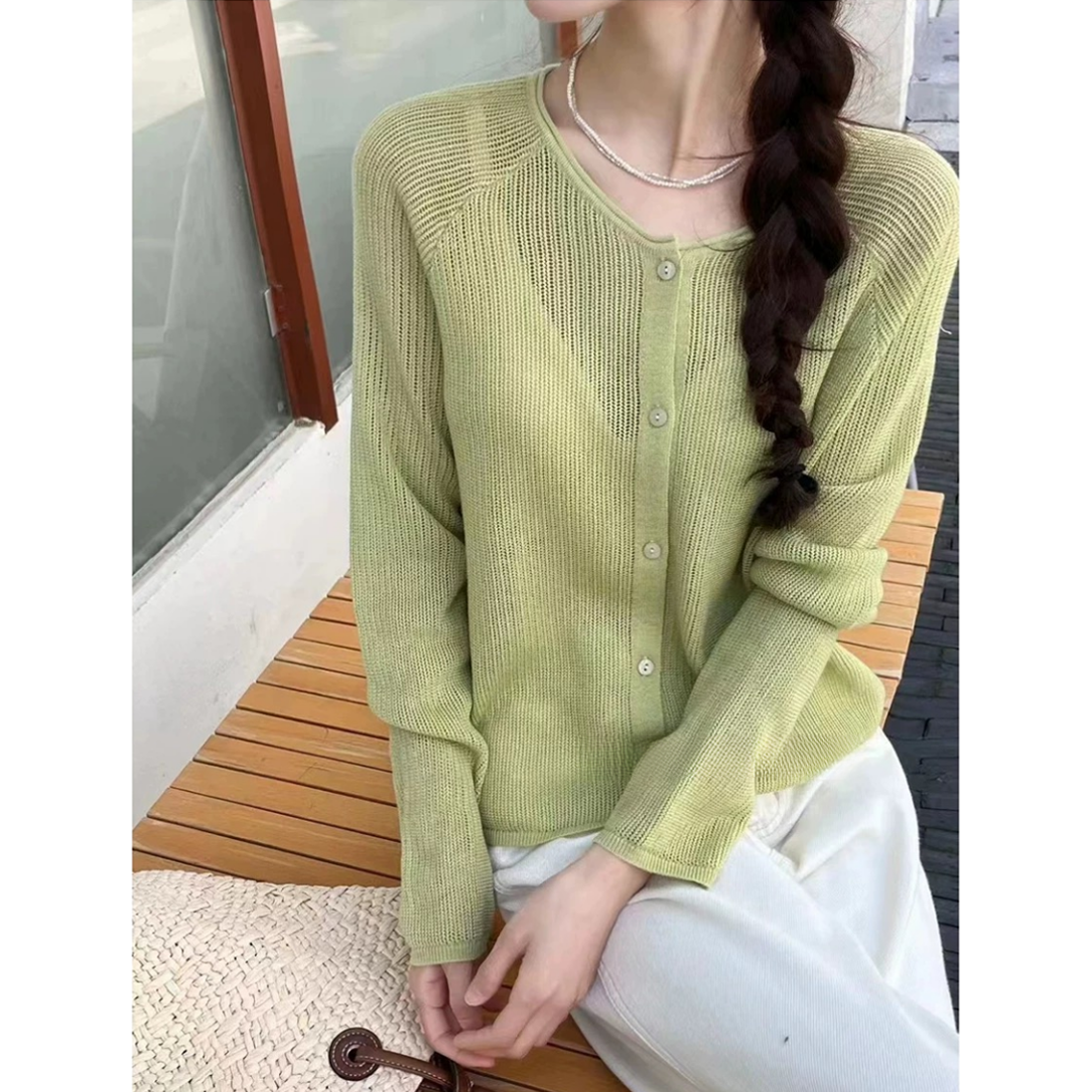 3097【卷边领镂空开衫】春夏新品韩版薄款针织披肩空调衫女士上衣