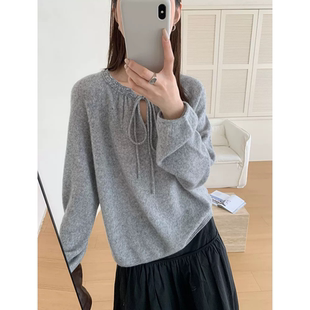 新款 巨百搭秋季 圆领女士气质百搭上衣 珠光领系带针织衫 3468