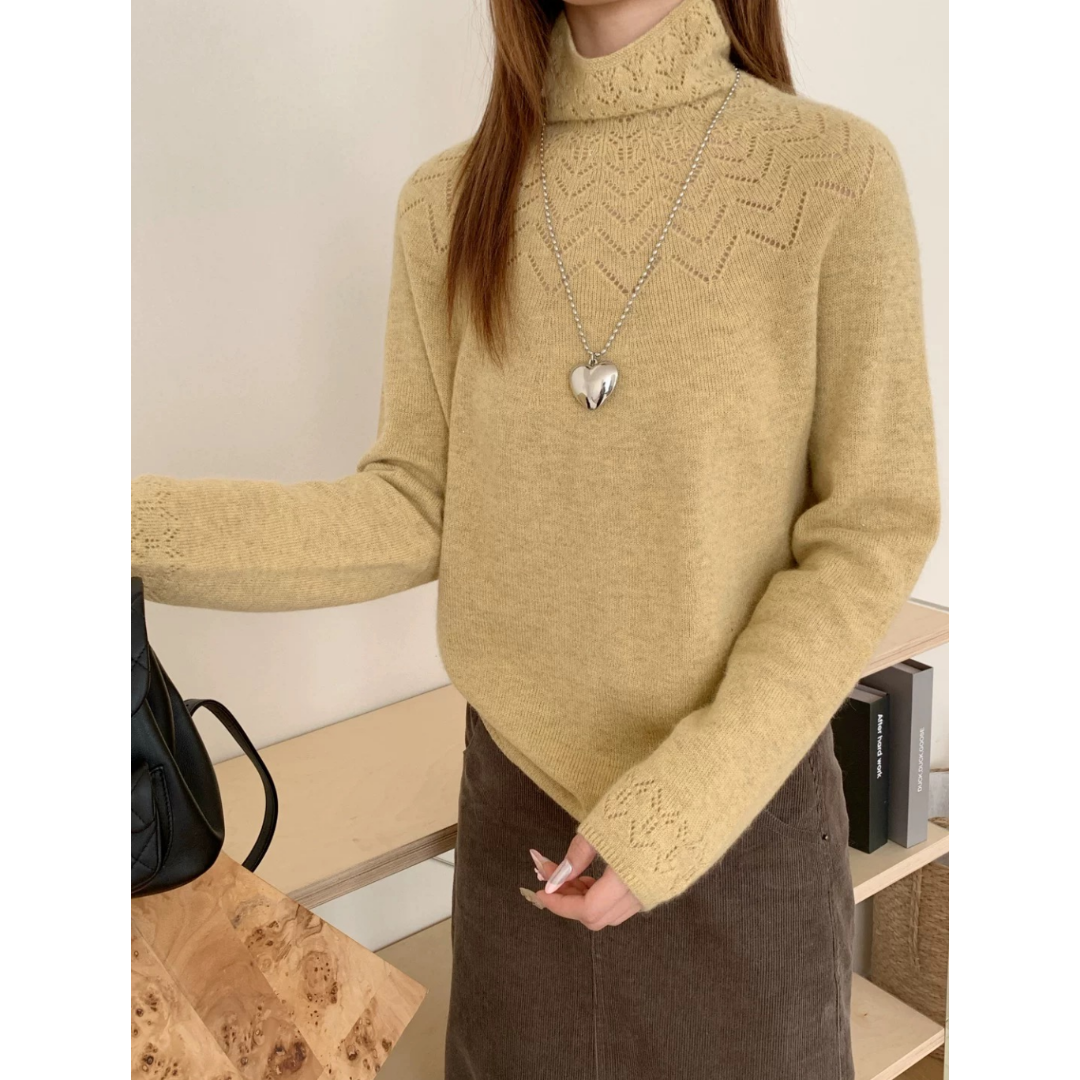 3603【半高领氛围感钩花毛衣】秋冬新款女士宽松镂空针织上衣