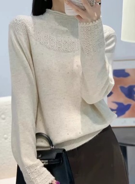 3604【重工烫钻氛围感钩花毛衣】秋冬新款女士半高领宽松针织上衣