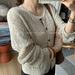 3806【圆领木扣钩花开衫】春季新款韩版女士宽松上衣