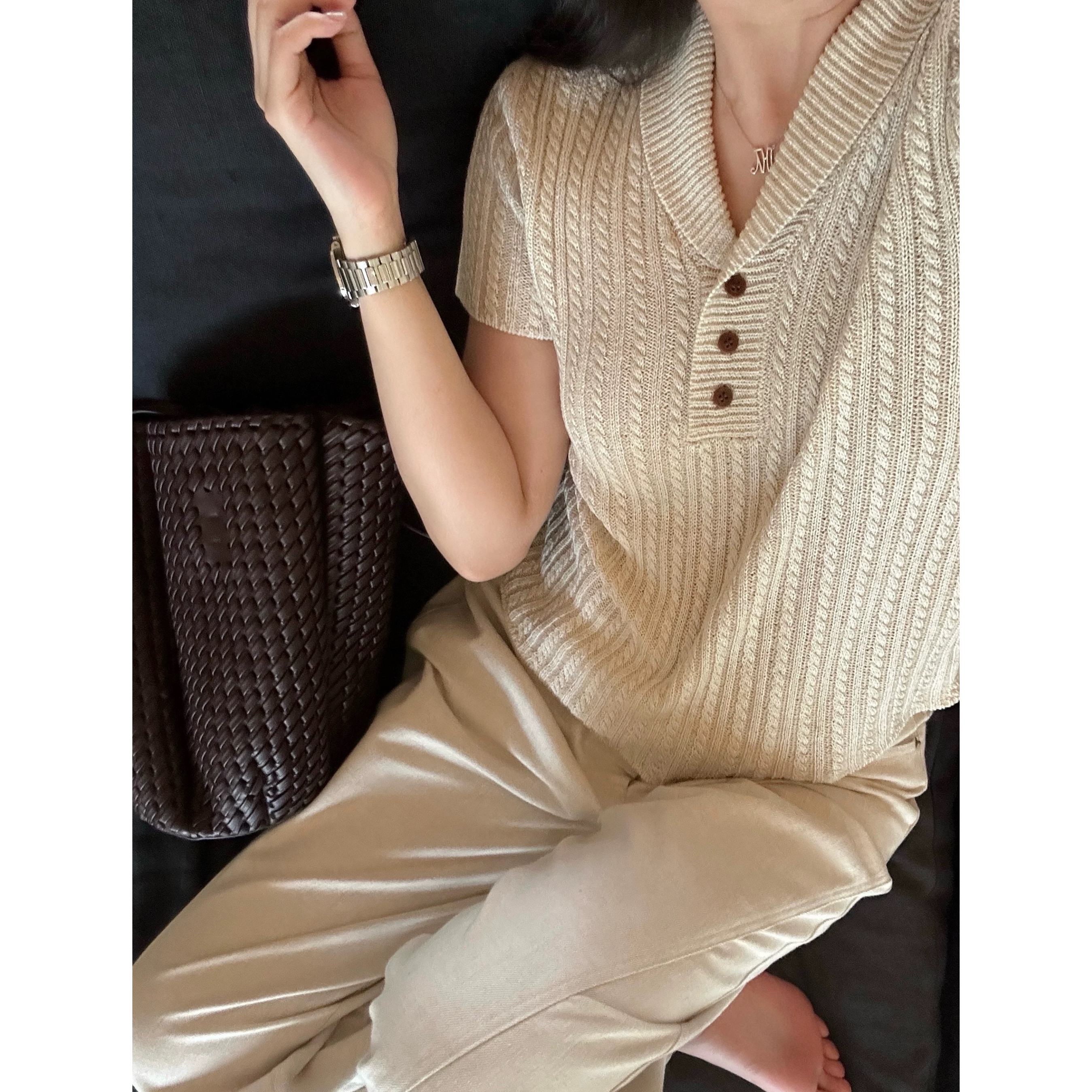 3799【彼得潘领短袖麻花针织衫】夏季新款气质女士设计感上衣