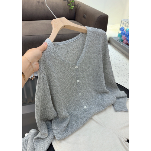 3770【并线花纱灰V领开衫】春季新品韩版抽条针织衫百搭女士上衣