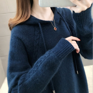 女士毛衣宽松外穿连帽针织衫 秋季 上衣加厚 斜麻花帽衫 2150