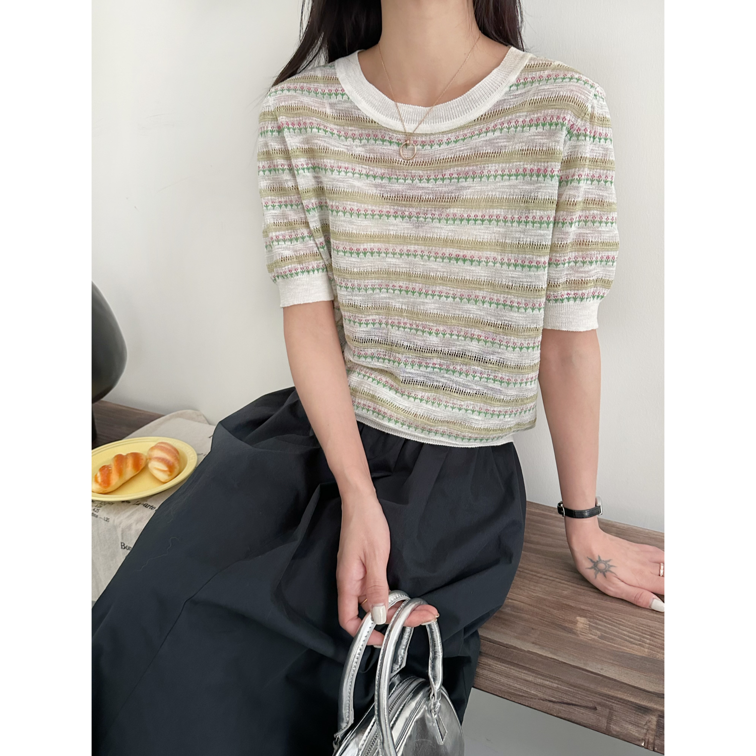 2094【小花条纹针织衫】夏装新品圆领短袖薄款女士气质上衣