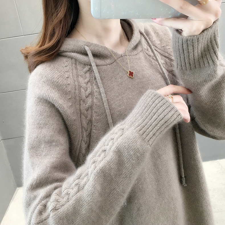 2245【斜麻花帽衫】秋季毛衣女士套头宽松连帽针织衫上衣